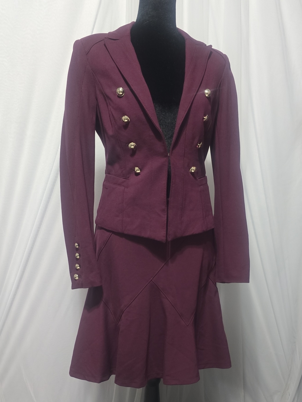 White House Black Market Wine Double-Breasted Skirt Set with Gold Buttons